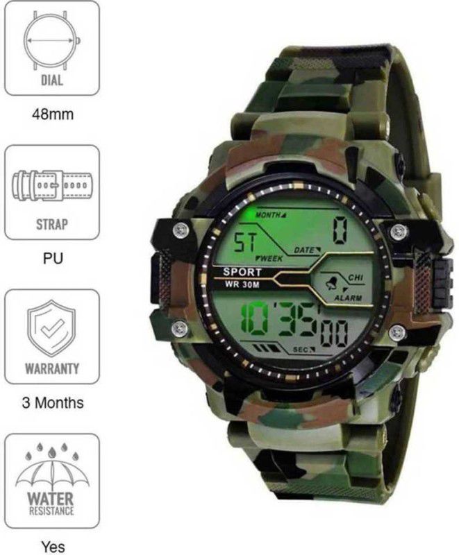 Ch_12 Green_Army Digital Watch - For Boys Sport Green Army Pattern Multi Function Stop Watch Alarm Digital Watch