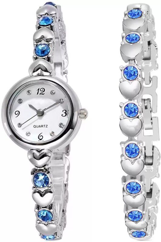 Analog Watch - For Girls New Fancy Sky Blue Diamond Studded Stylish Silver Bracelet Watch Combo Girls
