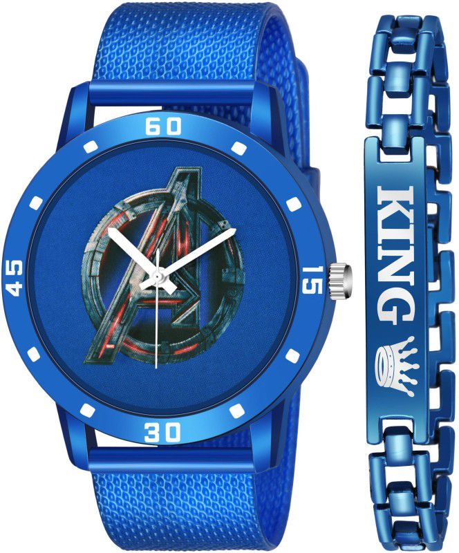 Combo Of One Exclusive Watch With One Matt Finish King Bracelet Of man Analog Watch - For Boys Blue Avenger With King