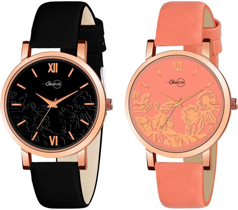 Leather strap Analog Watch - For Women New Stylish Attractive Black & Orange Flower Designed For Girls And Women Combo pack-02