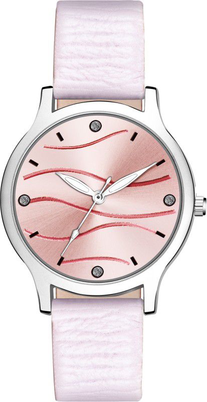Analog Watch - For Girls Genuine leather pink strap and pink river design round dial watch for girl