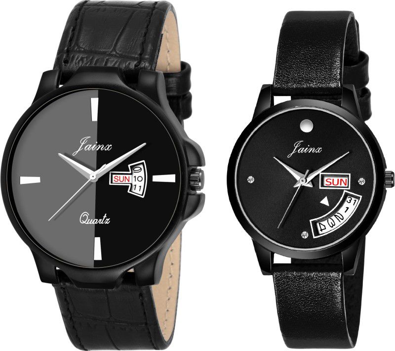 Black Dial Day & Date Function Black Leather Strap Analog Watch - For Couple JC483