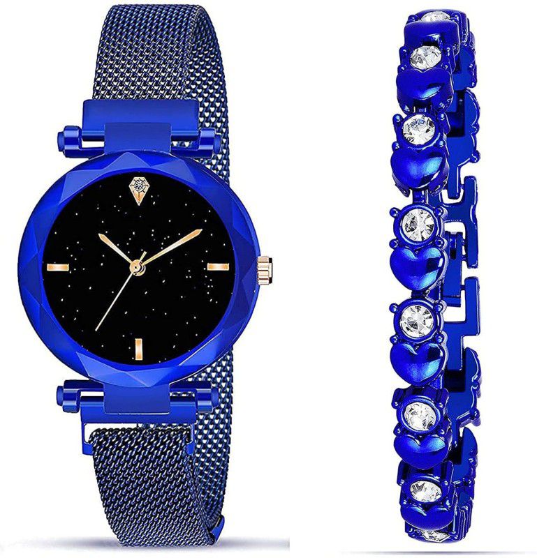 Analog Watch - For Girls New Attractive Blue color Magnet Strap with Red diamond studded Blue bracelet for Girls and Women