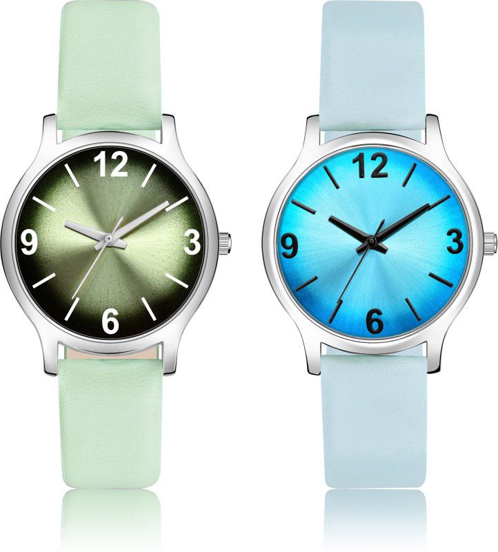 Analog Watch - For Women Green and Sky Blue Color Shading Color Leather Strap Designer Dial Pack of 2 Girls watch