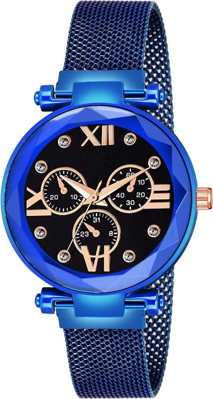 Designer Fashion Wrist Analog Watch - For Girls New Fashion Roman Digit Black Dial Blue Maganet Strap For Girl