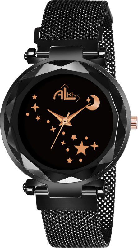 Analog Watch - For Girls Black Mesh Magnetic Belt Star-Moon Black Dial Quartz Luxurious Fashion Stylish Analog Watch