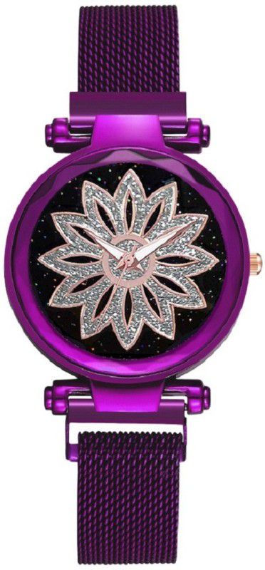 Analog Watch - For Girls Luxury 12 Diamond Mesh Magnet Buckle Starry sky Quartz Watches For girls Fashion Mysterious Black & Purple Lady New Fashion Magnetic Chain