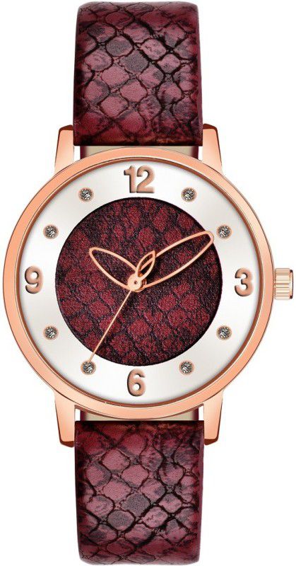 Analog Watch - For Girls maroon Stylish With Diamond Round Dial And maroon Leather Belt Watch For Girls