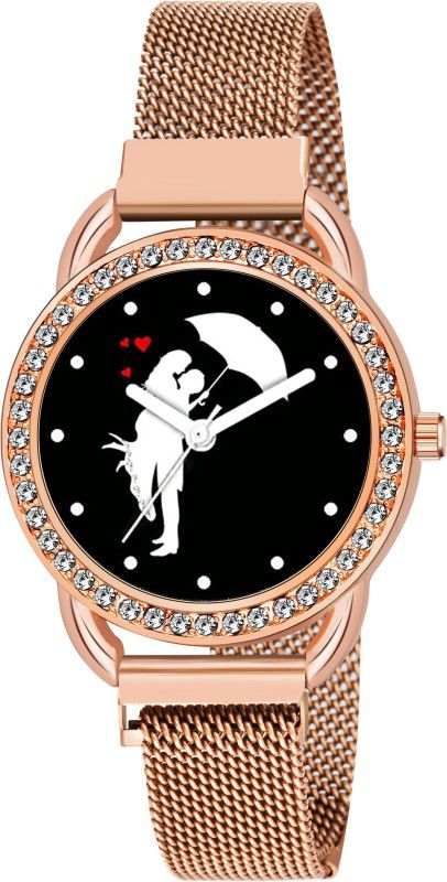 Black Couple Chatari Dial Rose Gold Maganet Strap Watch For Girl Analog Watch - For Girls