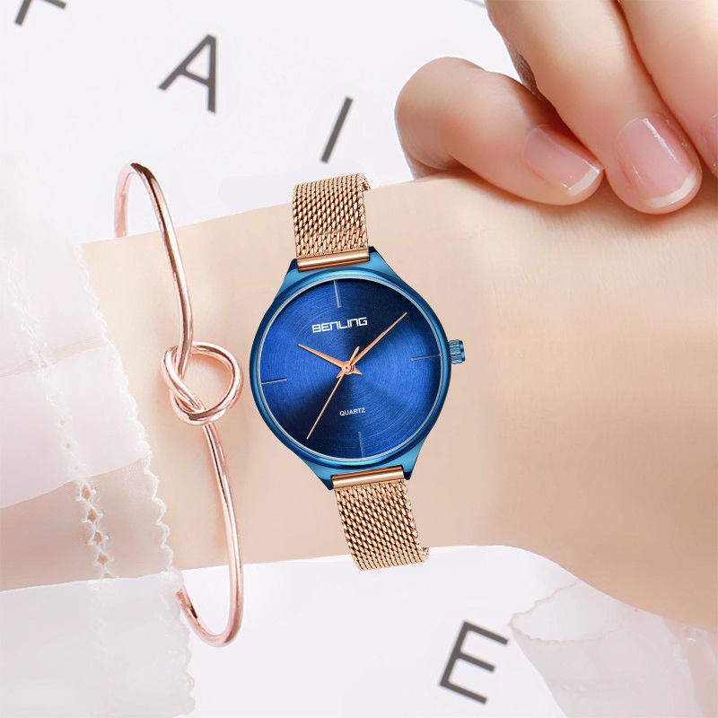 Analog Watch - For Women SK-BL-1017 Rose Gold Color Magnetic Milanese Mesh Band Stainless Steel with Blue Dial Analog Watch - For Women