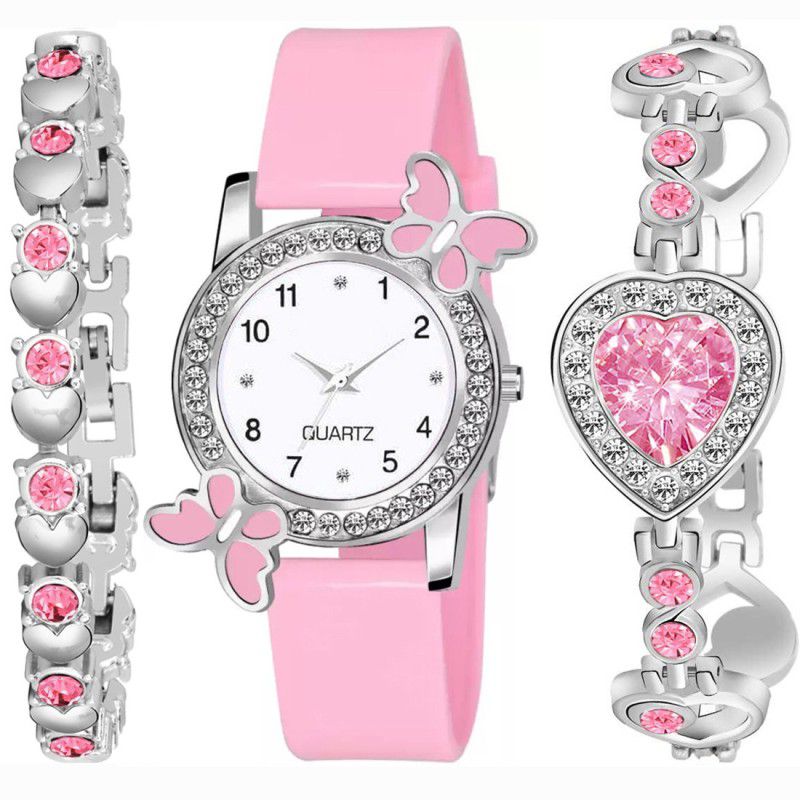 Analog Watch - For Women Best Designer Pink Butterfly & Heart Bracelet Combo