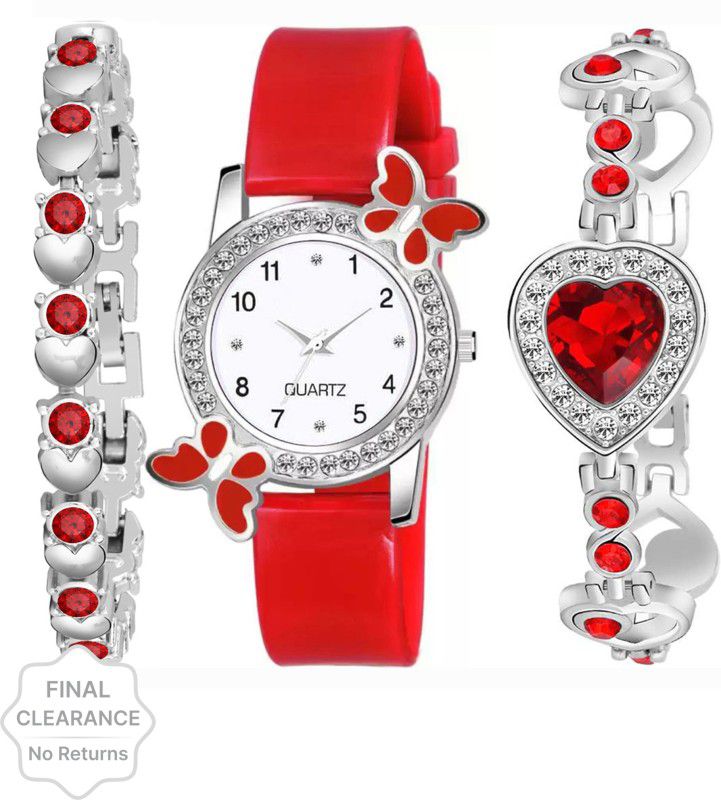 Analog Watch - For Women Best Designer Red Butterfly & Heart Bracelet Combo