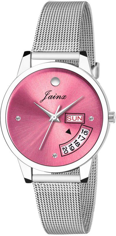 Pink Day & Date Function Dial Steel Mesh Chain Analog Watch - For Women JW597