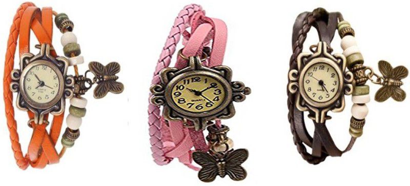 Analog Watch - For Women Combo Latest Fancy Leather Hand Knit Vintage Watches Dress Bracelet Women Girls Ladies Clover Pendant Retro MT-40 ( Pack Of 3 )