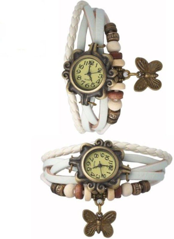 Analog Watch - For Girls Combo Latest Fancy Leather Hand Knit Vintage Watches Dress Bracelet Women Girls Ladies Clover Pendant Retro MT-46 ( Pack Of 2 )