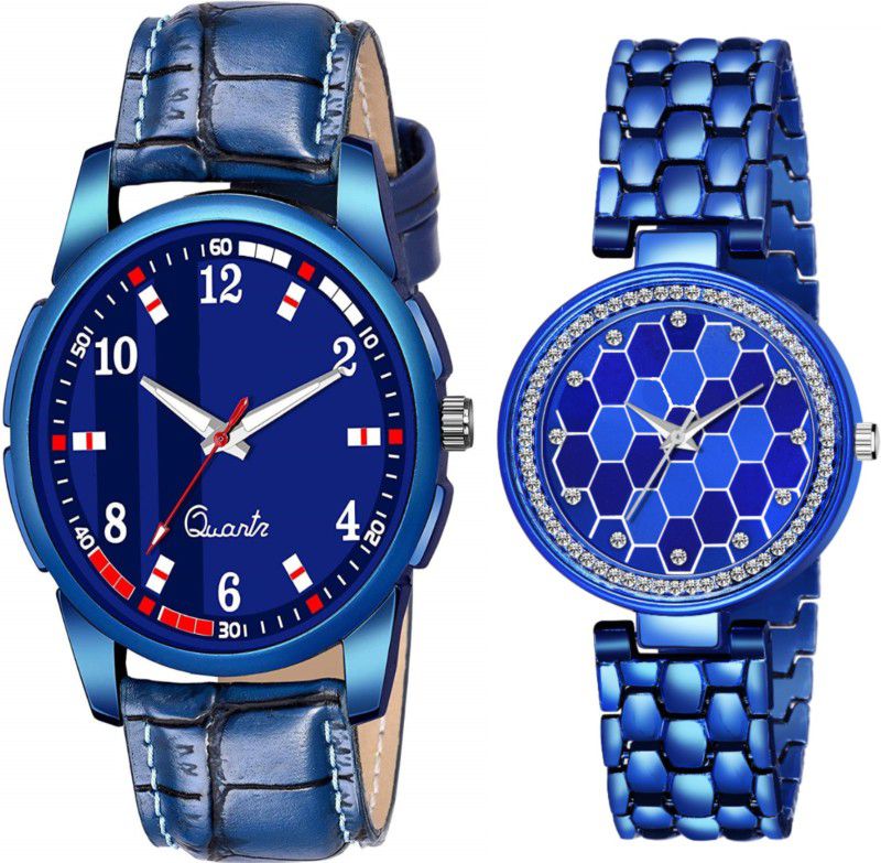 Analog Watch - For Couple Stylish Blue Dial Diamond Studded