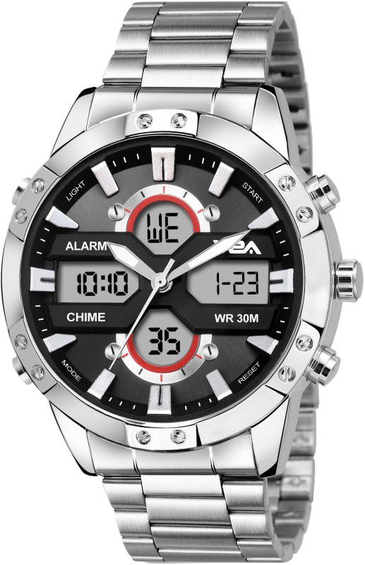 Analog-Digital Watch - For Men Business Casual Dress Stylish Fashionable Trendy Silver Stainless Steel Multidisplay Multifunction