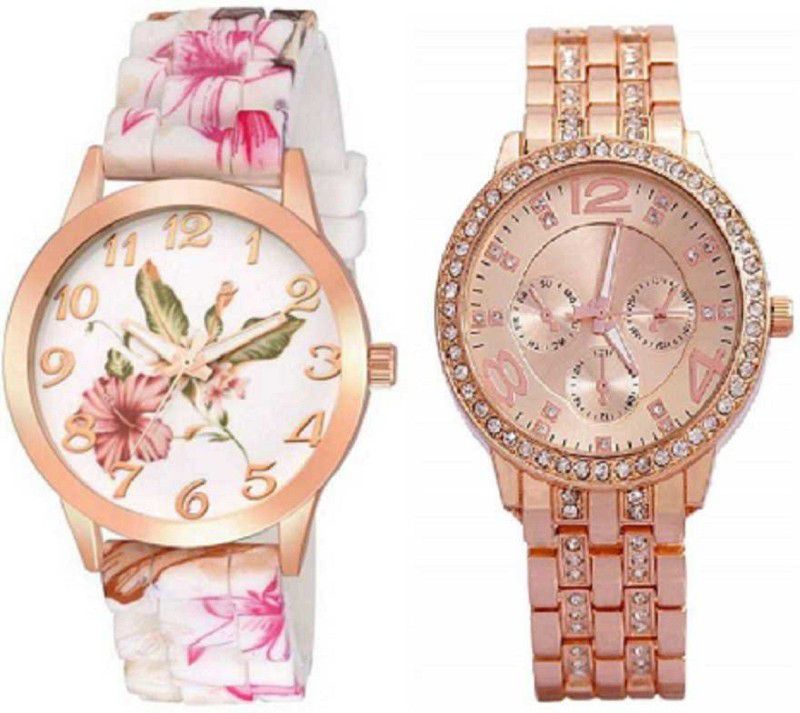 stylish different colored Watch Analog Watch - For Girls Combo Of Pink Flower Strap And Rose Gold Diamond Studded Stylish Analogue Watches Analog Watches - For Girls