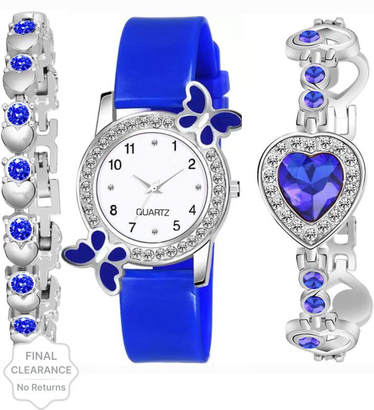 Analog Watch - For Women Best Designer Blue Butterfly & Heart Bracelet Combo