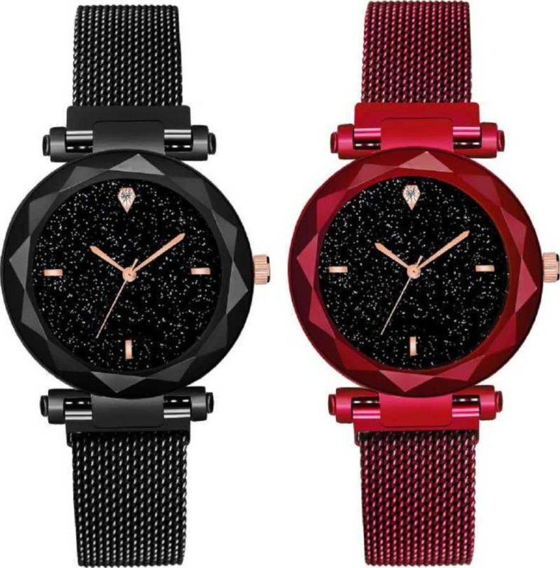 Analog Watch - For Girls Laxurius Looking Multi Color Magnet Black Red Starry sky Quartz Watches Combo Pack-02 21st century Magnetic Chain Belt