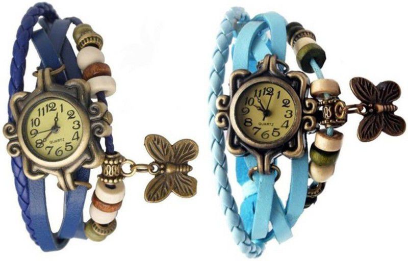 Analog Watch - For Girls Combo Latest Fancy Leather Hand Knit Vintage Watches Dress Bracelet Women Girls Ladies Clover Pendant Retro MT-19 ( Pack Of 2 )