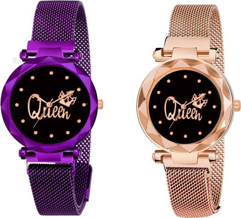 Analog Watch - For Girls Queen Dial Purple And Rose Gold Luxury Mesh Magnet Buckle Fashion Mysterious Lady Analog Watch for girls and women