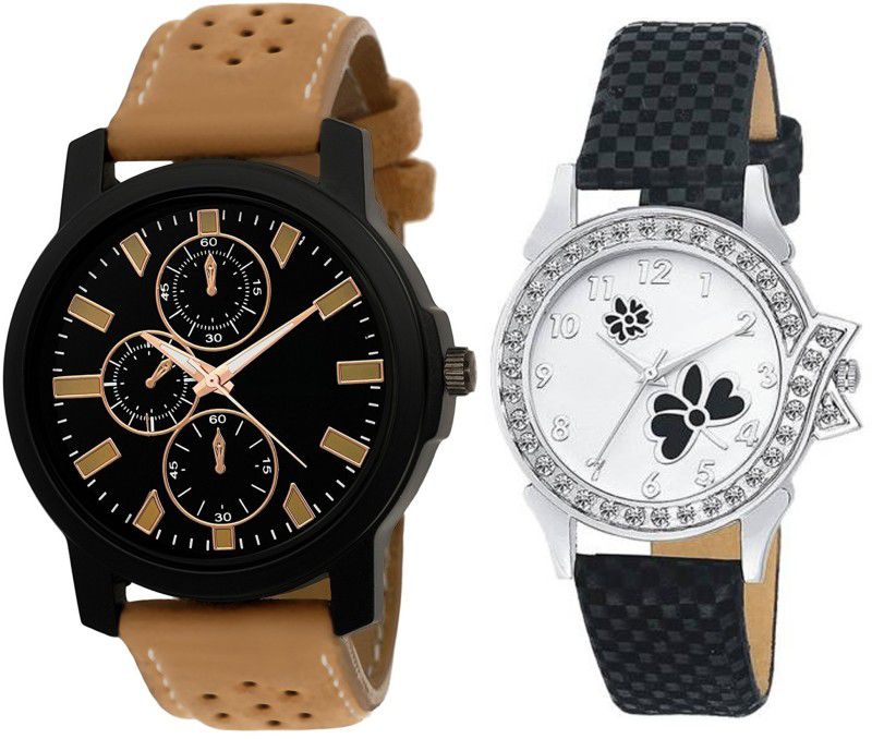 Analog Watch - For Men & Women Combo Pack 2 Attractive Part-Wedding Style Leather Strap Couple Combo Watch For Boys & Girls PC-D028