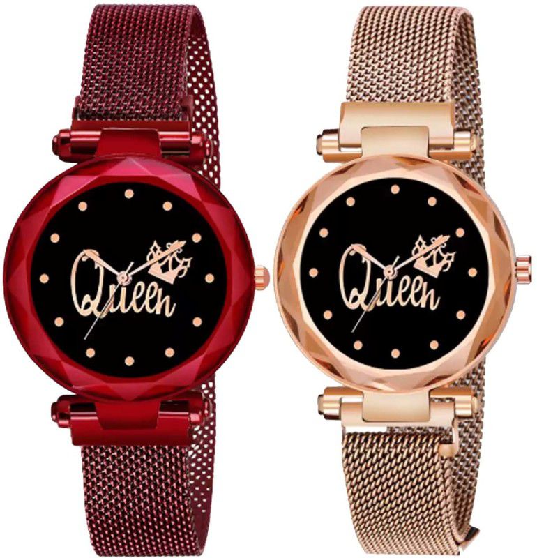 Queean Megnetik Pack Of 2 Queen Analog Watch Analog Watch - For Girls