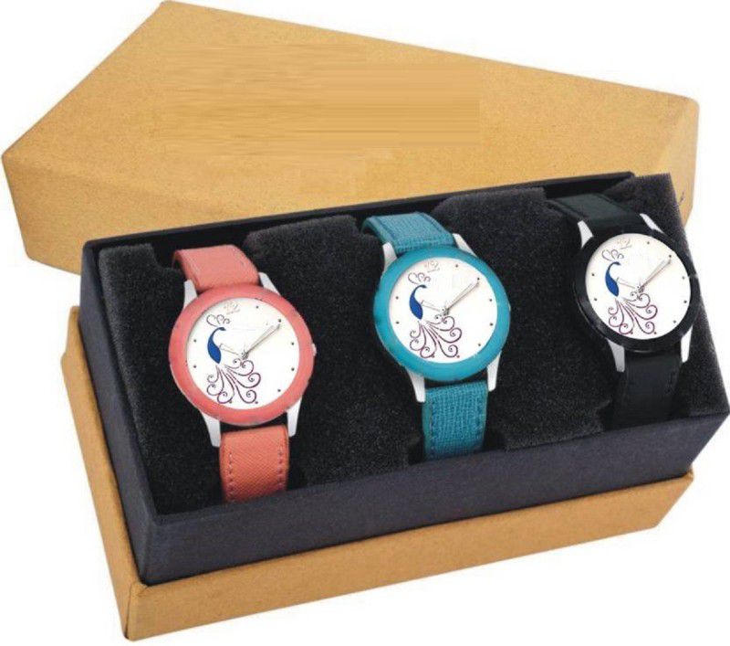 Analog Watch - For Girls designer multicolor peacock leather combo of three watch for women