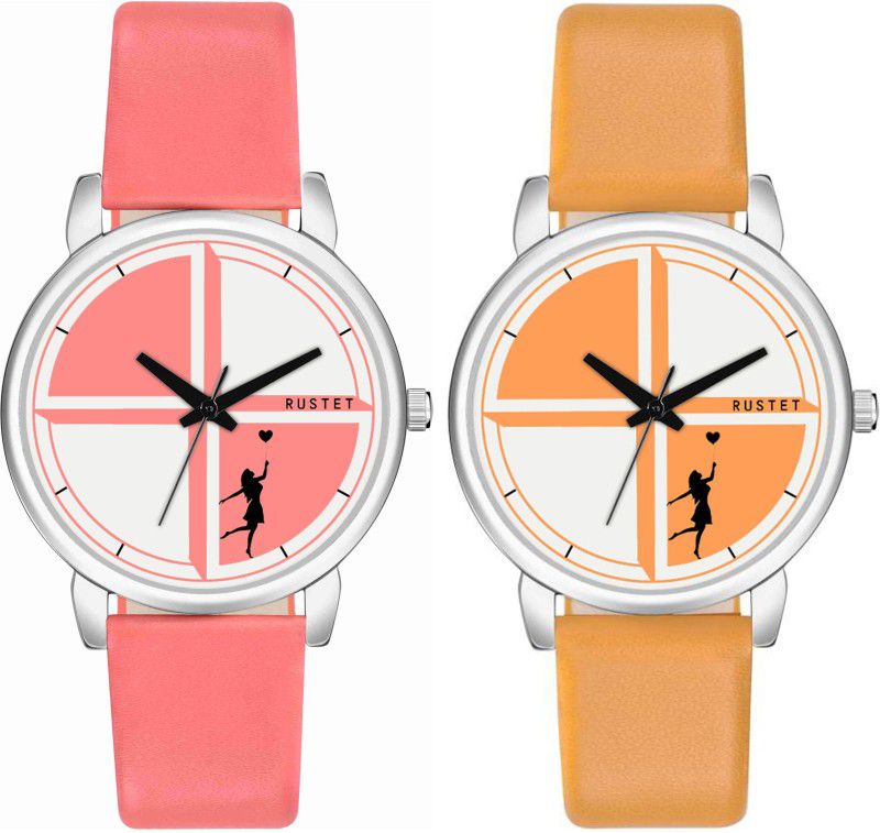 Analog Watch - For Girls Two Girl Dial Leather Strap Luxury Yellow and Pink