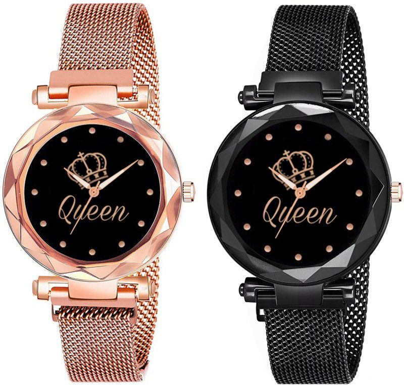 Analog Watch - For Girls 2 Queen Dial Magnetic Strap Luxury Gold and Black