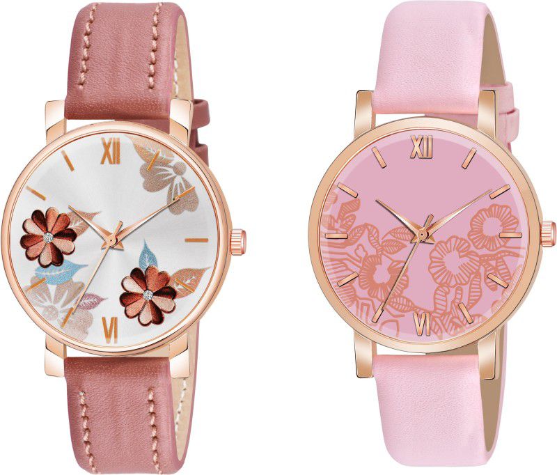 Analog Watch - For Girls Peach and pink Flower Designer Leather Strap Analog Watch for girls and women