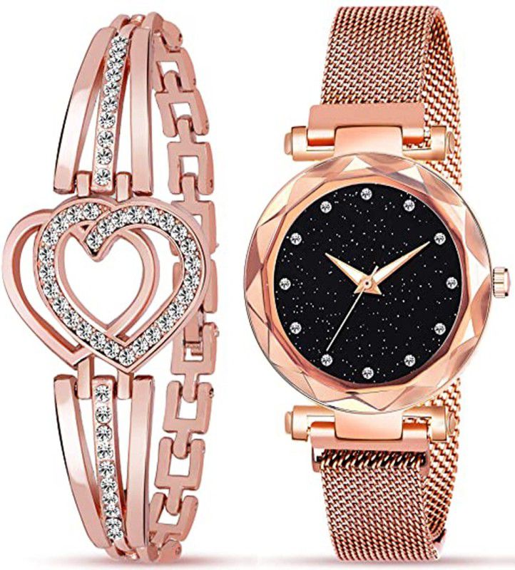 Analog Watch - For Girls Latest Magntic Strap 12 Diamond Rosegold Watch With HartShape Bracelet Combo
