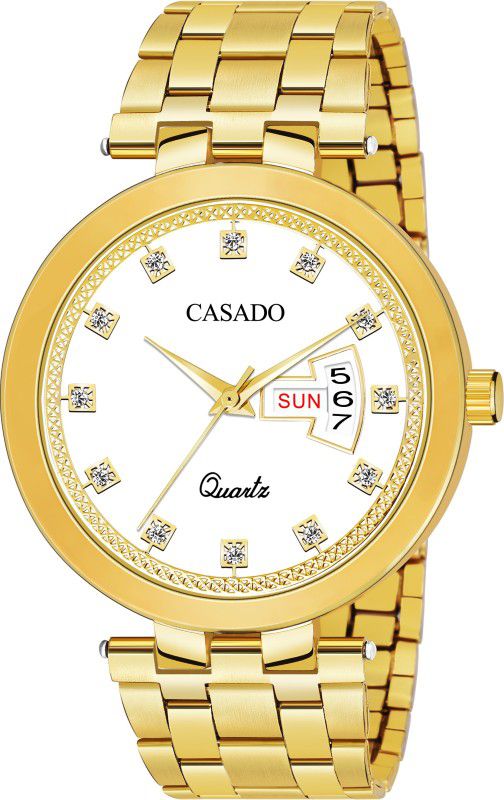 Gold Plated | Diamond Studded | 3D Cut Glass | Day and Date | 1 Year Warranty Analog Watch - For Men CSD-606-WHITE-GOLD-DD