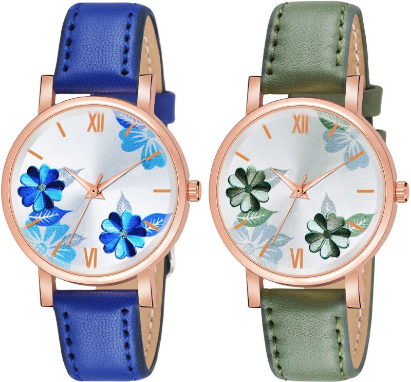 Stylish Flower Design Dial Watches For Womens And Girls Analog Watch - For Women W47 Combo Of 2 Blue Green
