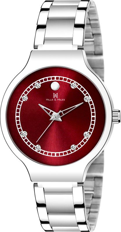 Red Studded Dial & Silver Trendy Elegant Bracelet Analog Watch - For Women H&M-2122W