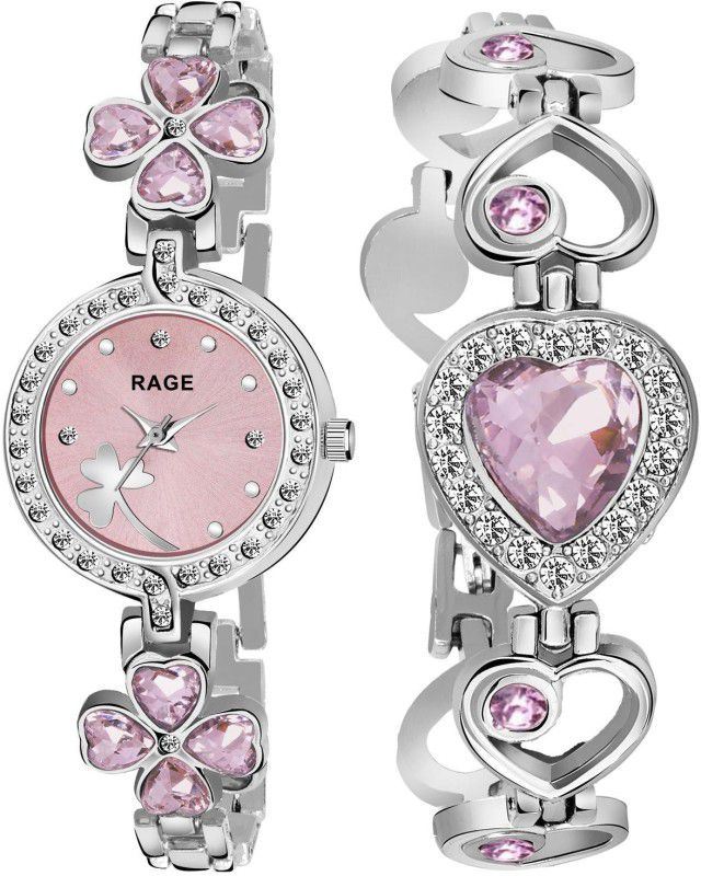 Analog Watch - For Girls Stylish Pink Stone Double Lovers Bracelet Women