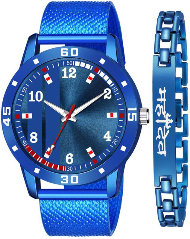 Analog Watch - For Boys 528+034 STYLISH BLUE DIAL- PU STRAP WATCH WITH MAHADEV BR COMBO FOR MEN AND BOYS