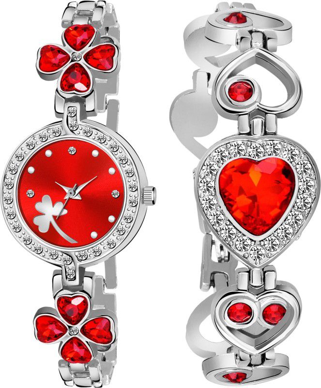 Analog Watch - For Girls Stylish Red Stone Double Lovers Bracelet Women