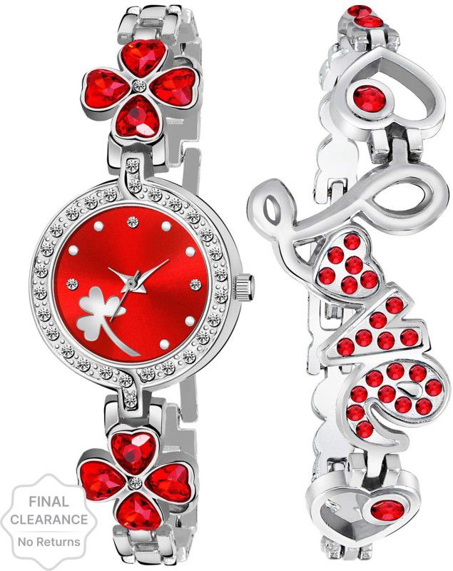 Analog Watch - For Girls Stylish Red Stone Love Bracelet Women