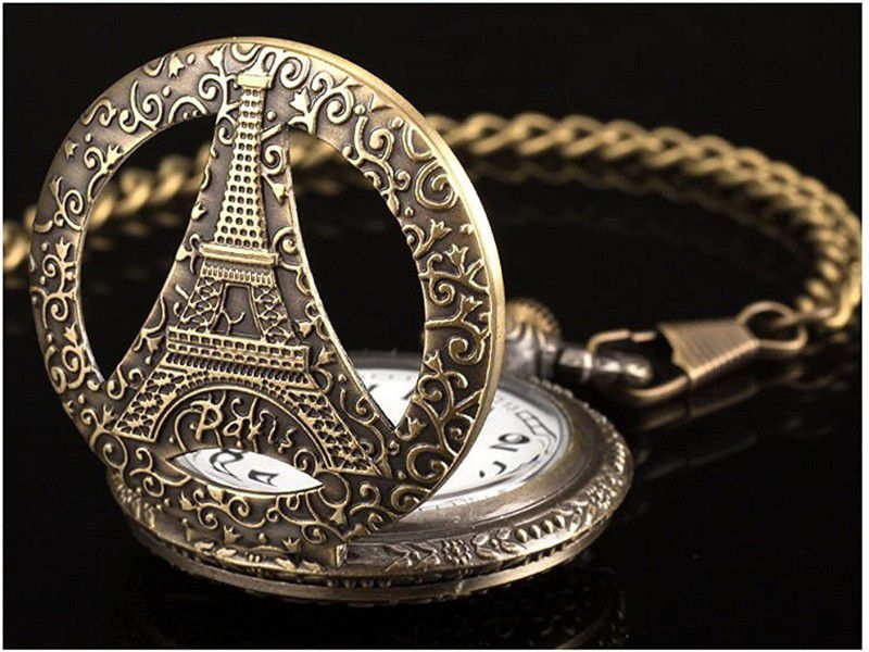 V E Paris Eiffel Tower Theme Designer Pocket Watch Working Clock Metallic Keychain Eiffel Tower Chrome Stainless Steel Pocket Watch Chain