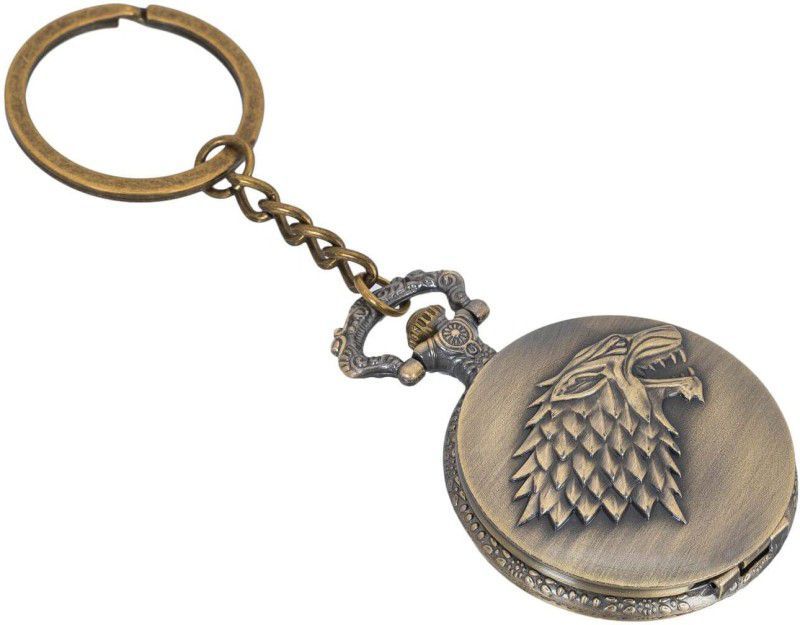 Seven Square Premium Retro Vintage GOT House Stark Theme Antique Metal Keychain With Key Ring Metallic Color Stainless Steel Pocket Watch Chain