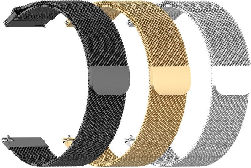 AOnes Pack of 3 Magnetic Loop Watch Strap for Fire-Boltt Talk Ultra Bsw080 Smart Watch Strap  (Black, Gold, Silver)