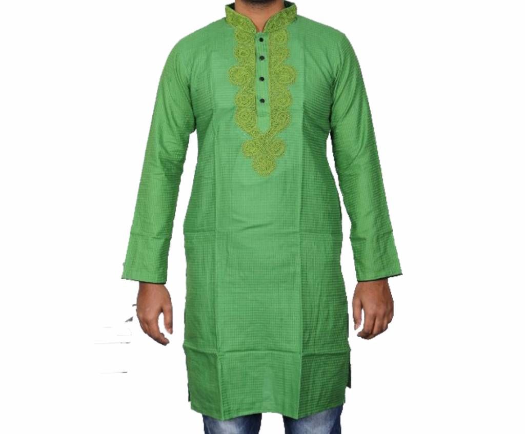 Green Printed Cotton Panjabi For Men