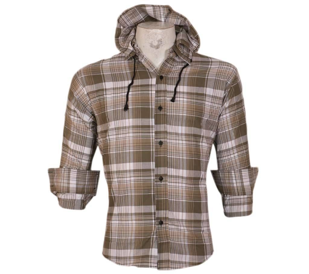 Menz Full Sleeve Check Casual Hooded Shirt