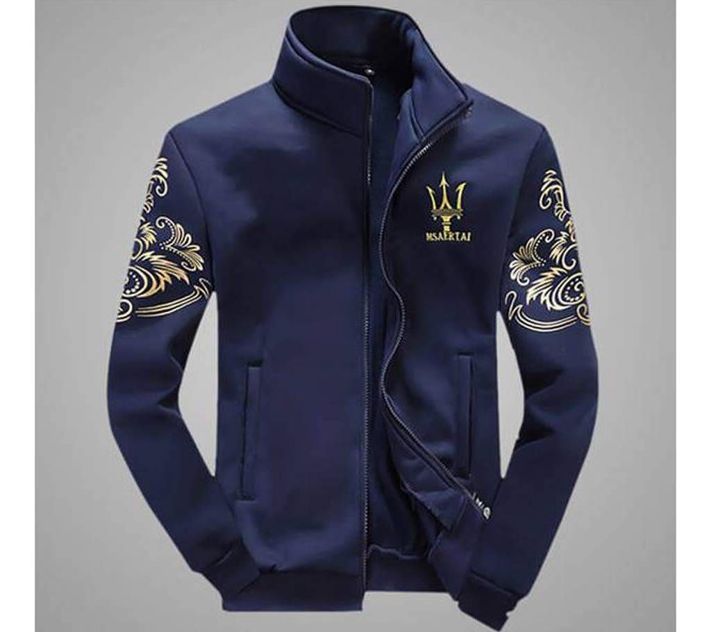 Mens Navy Blue and Printed Bonded Jacket