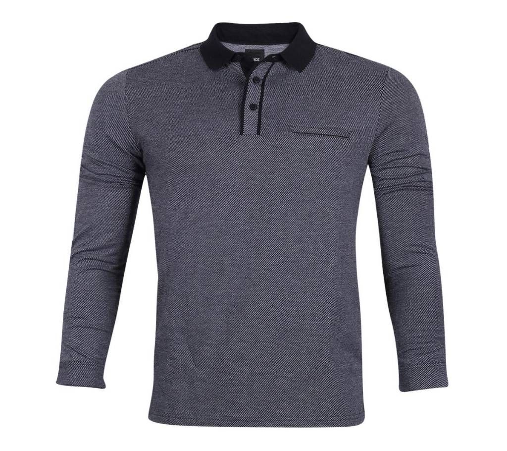 Dark Grey Cotton Long Sleeve Polo For Men