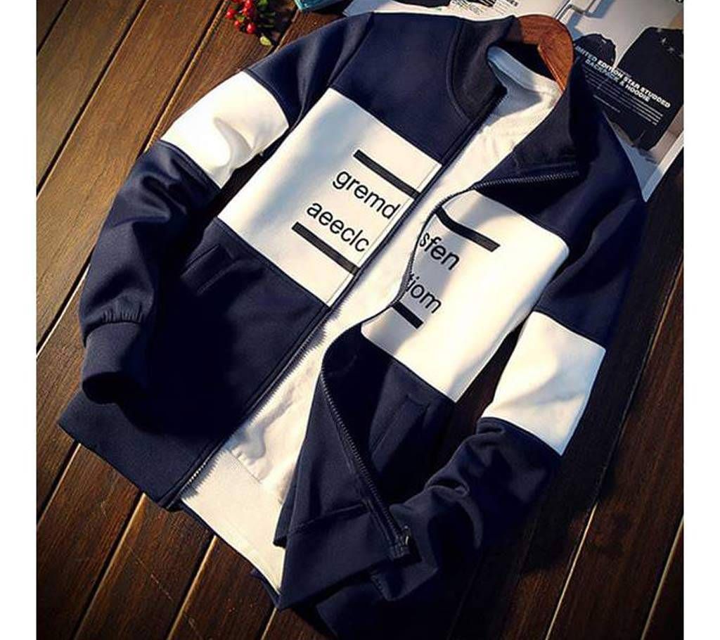 Mens Navy Blue and White Printed Bonded Jacket