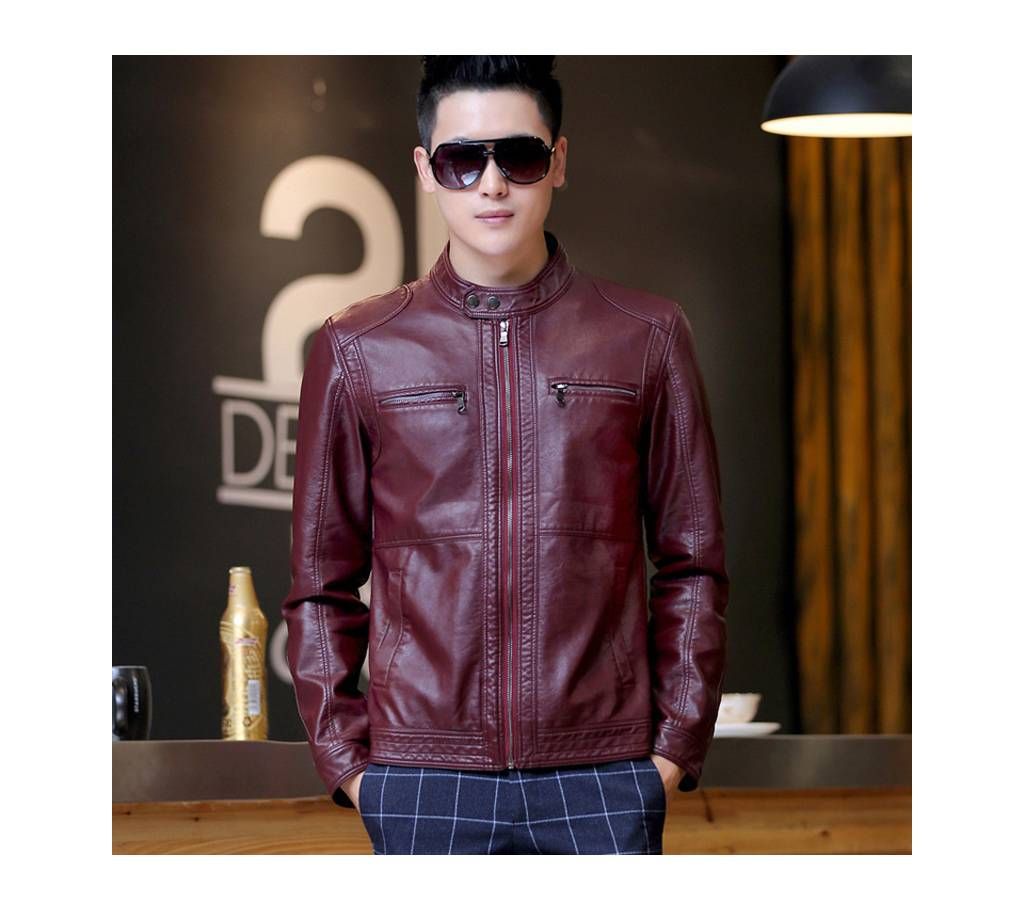 Coffee Artificial Leather Full Sleeve Jacket For Men
