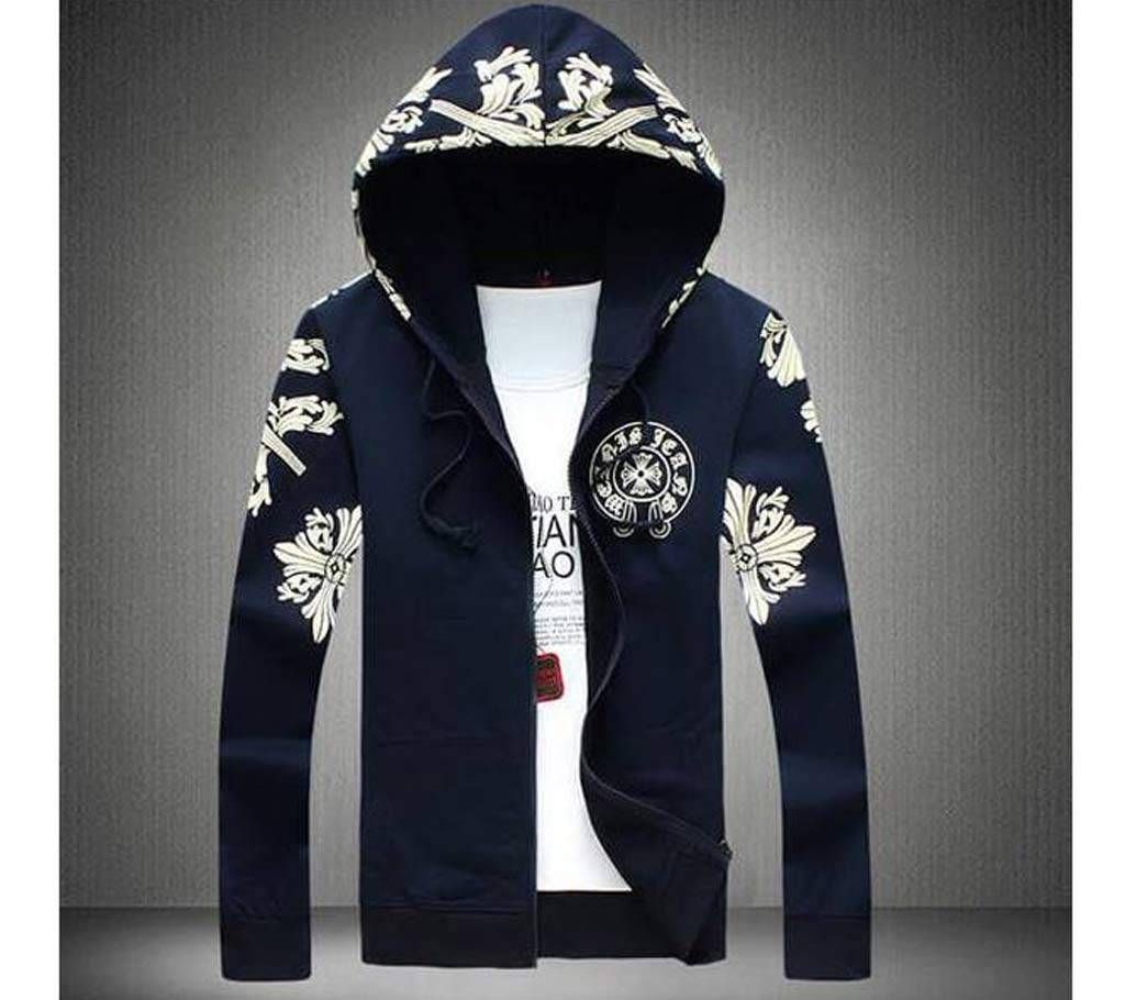 Navy Blue Printed Bonded Hoddy For Men